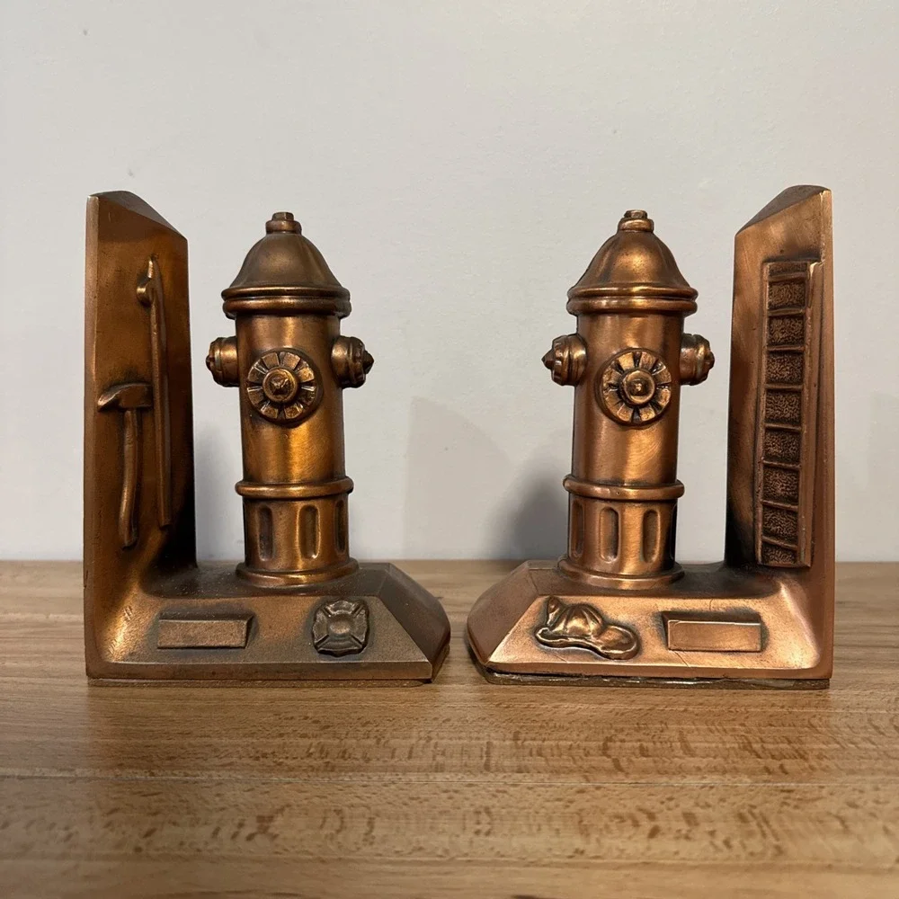 Vintage Pair Fire Hydrant Fireman Metal Bookends Copper Finish 7.5 inch Tall